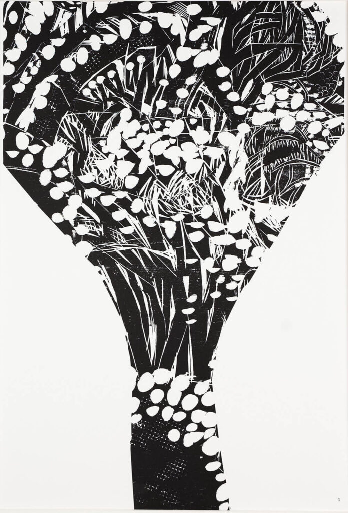 Dryad - In Praise of Trees, a black and white woodcut of trees.