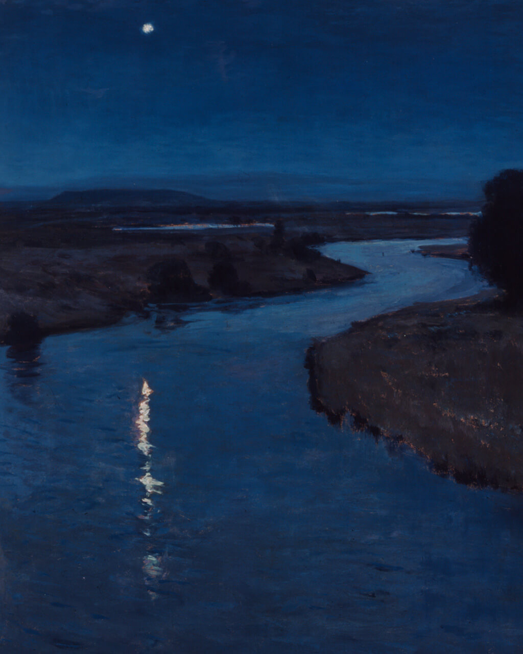 Painting of a river at night with a star glinting in the sky and reflected on the water.