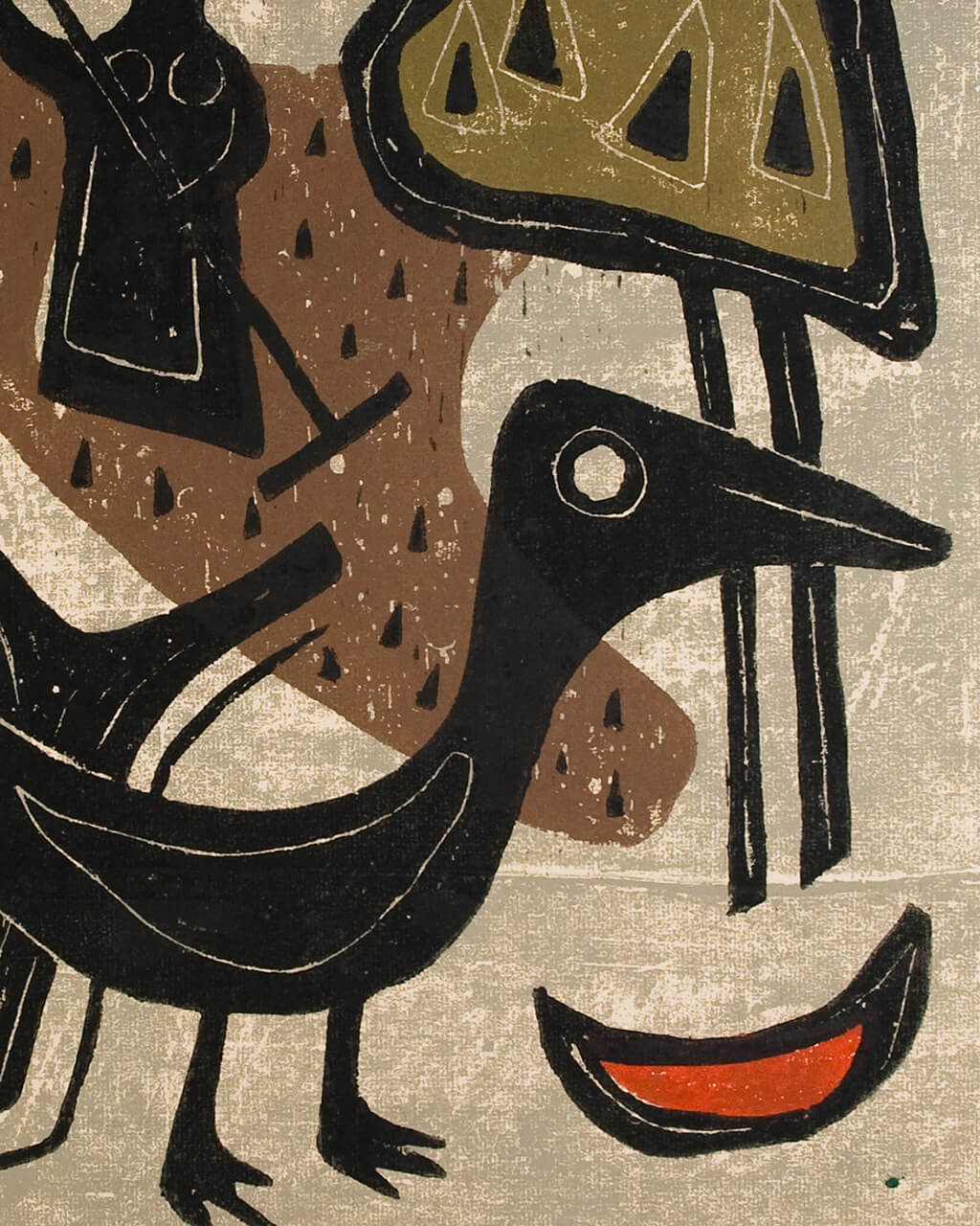 An abstract scene of a large bird in the foreground and a person working in a garden in the background.