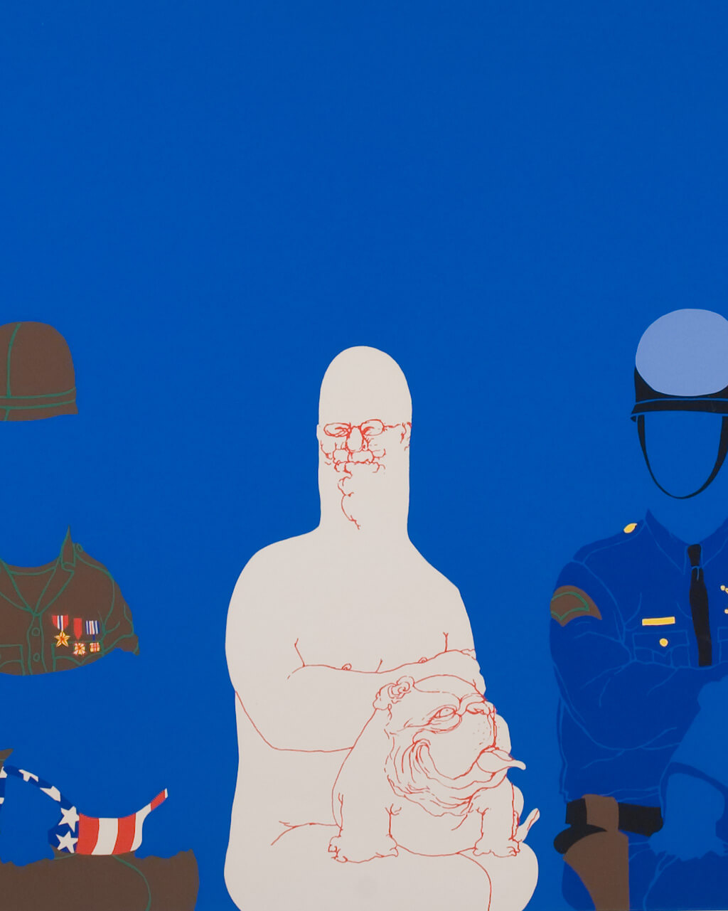 A seated white man, flanked on each side by paper doll outfits: an executioner, a soldier, a police officer, and a blood-covered apron.