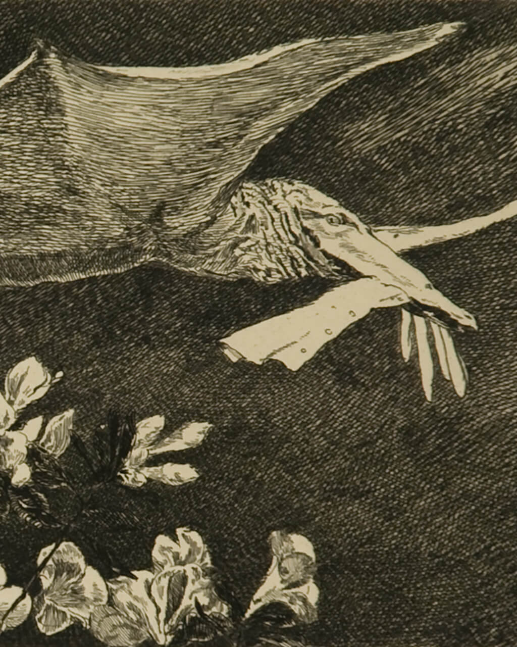 A strange flying creature flying out of a window, carrying something.