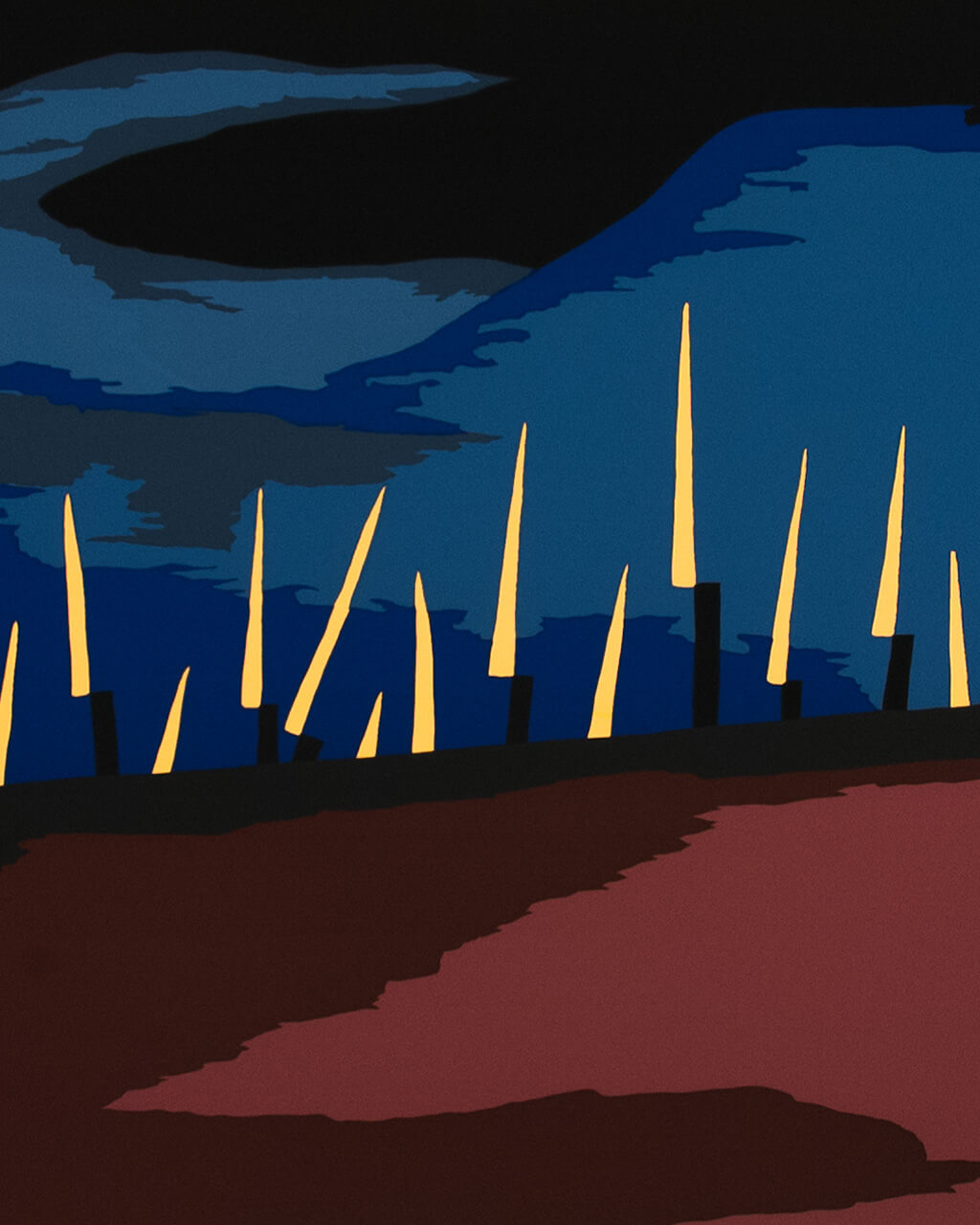A dark, abstract landscape broken up by bayonet pikes sticking out of the ground like spikes.
