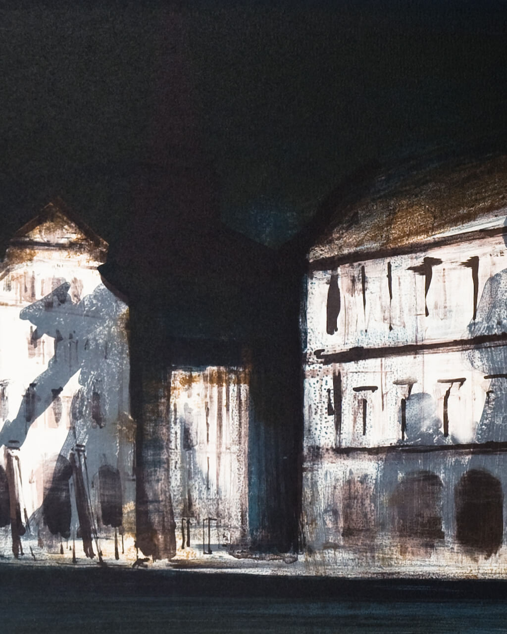 Dark lithograph of an Italian piazza.