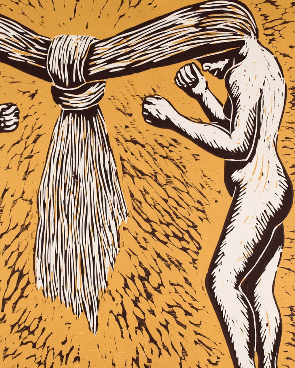 Print of two women fighting, tied together by their incredibly long hair.