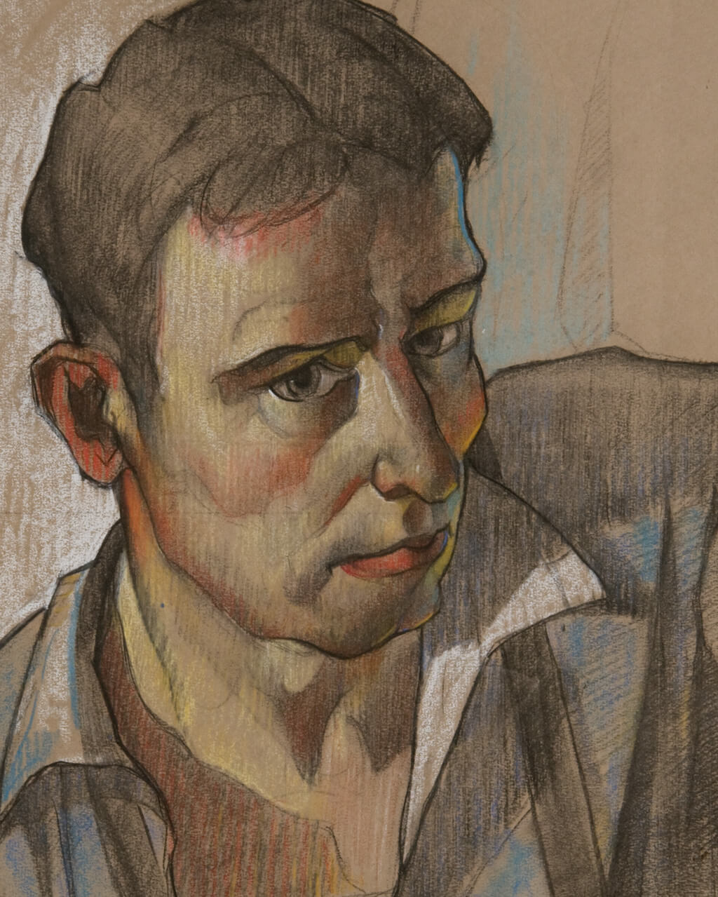 Pencil drawing portrait of a man in working clothes.