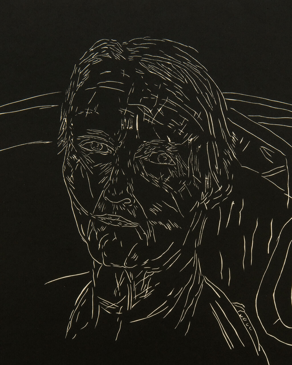 A woman, drawn in light lines against a black background.