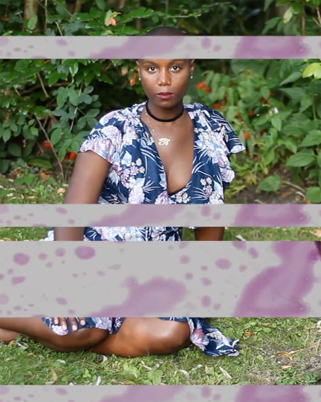 A young black woman sits in the green gardens of Giverny. Bands of another image overlay this one.