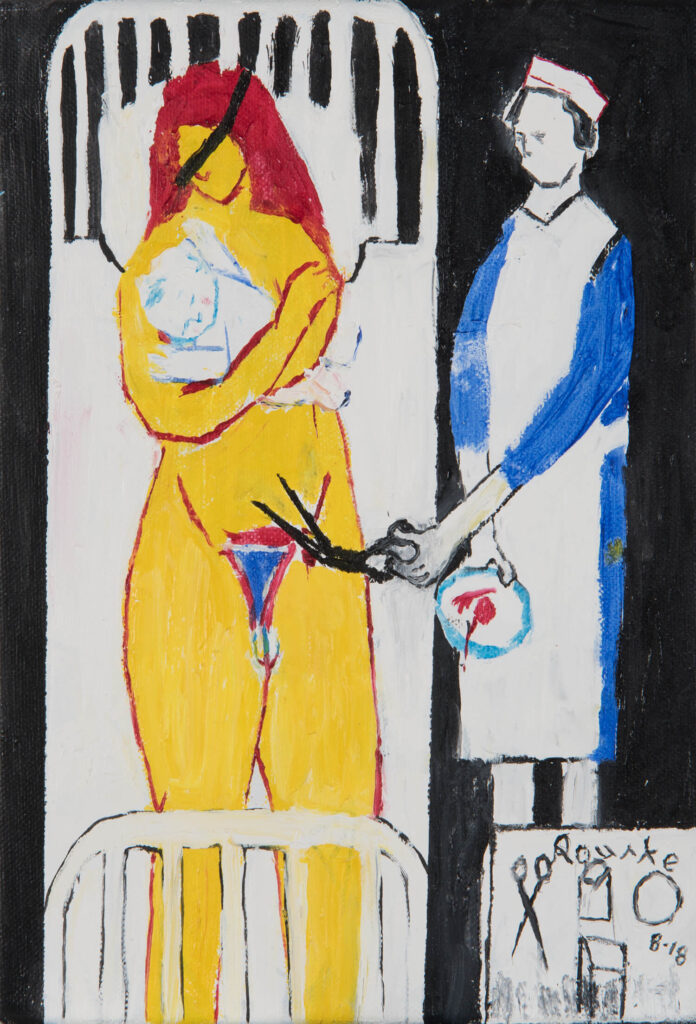 A painting of a nude woman on a hospital bed cradling an infant. A nurse stands next to the bed, carrying a pair of scissors pointed at the woman's reproductive parts.