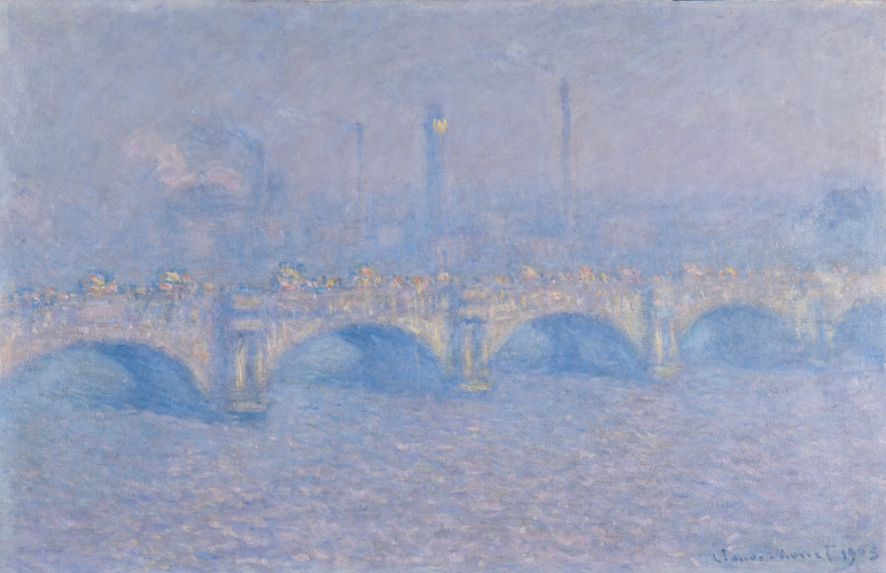 Impressionist painting of a bridge in pale blues and purples