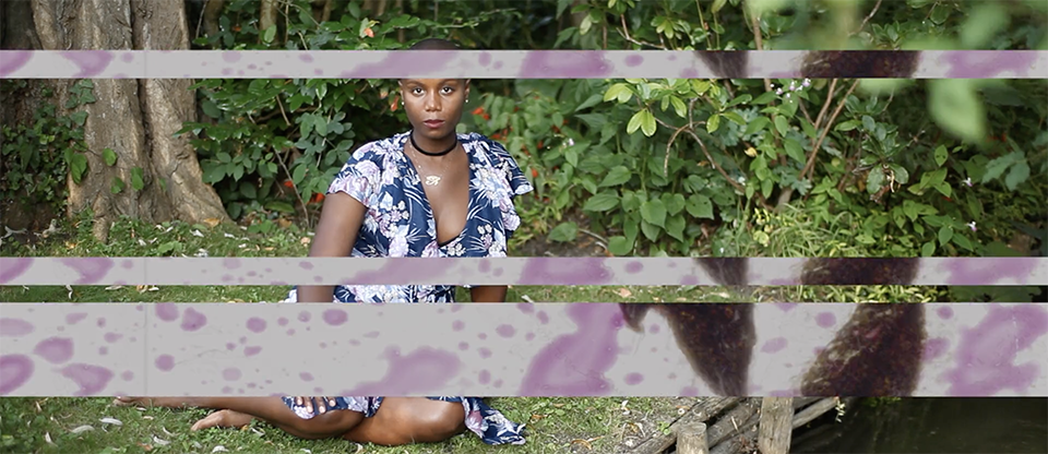 A young black woman sits in the green gardens of Giverny. Bands of another image overlay this one.