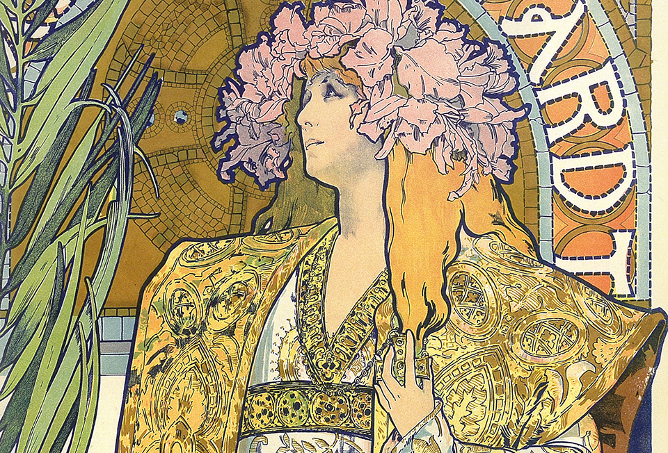 A woman with a large crown of flowers, looking up, drawn in the Art Nouveau style with dark outlines and soft rendering.