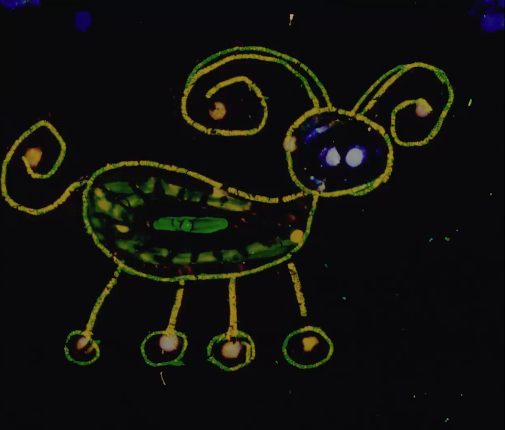 Cartoon line drawing of a four-legged creature against a black background