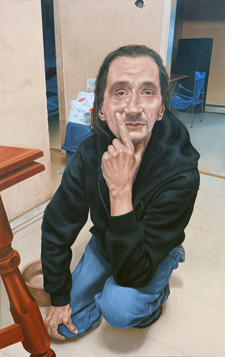 A man, crouched on the ground and looking up, left elbow braced on his knee and hand cradling his chin, painted realistically.