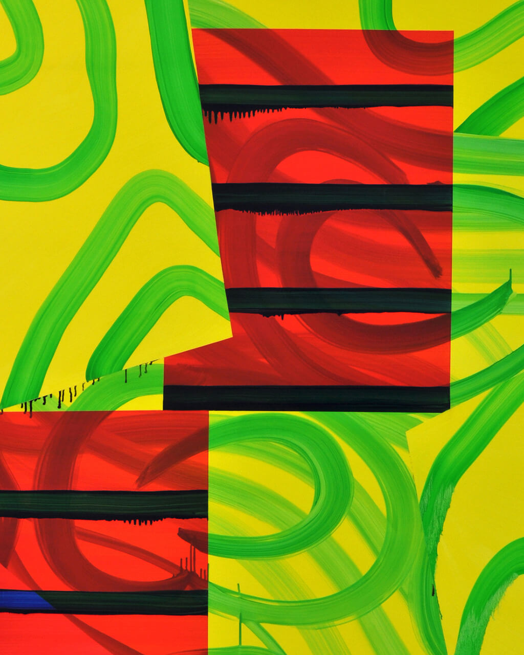 Abstract painting in neon yellow, green, red, and blue, layering lines and rectangles.