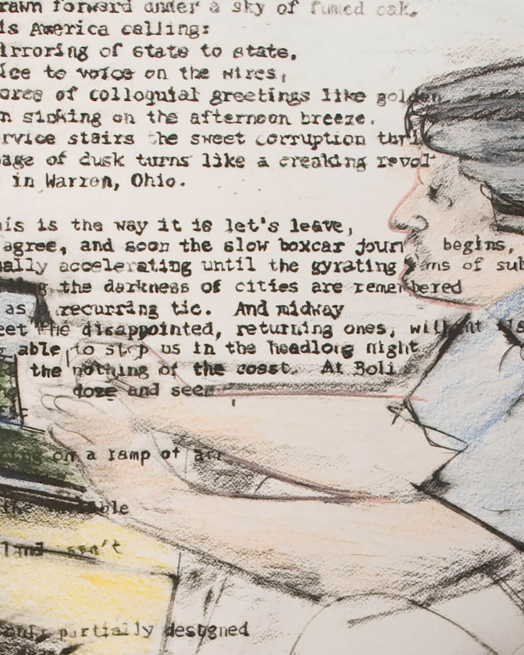 Drawing of a man writing, over a typewritten poem.