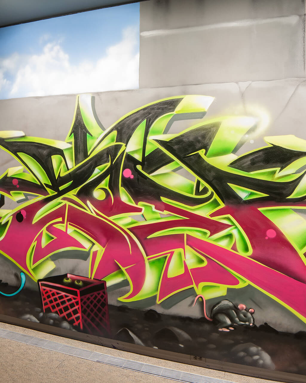 Graffiti designs and letters on the wall of MAG's Hurlbut Gallery.