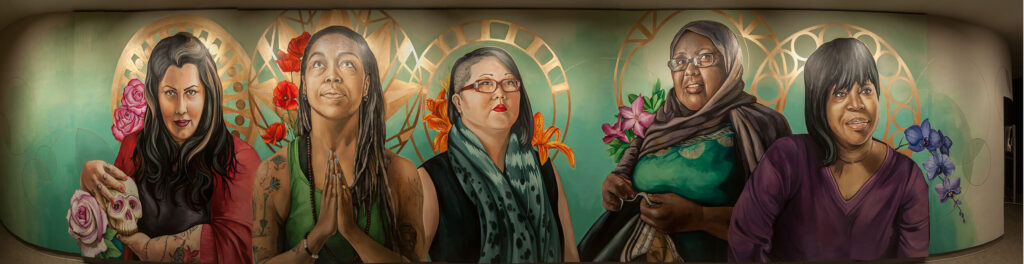 The full "Prelude" mural, with five women painted against a deep green background, gold halos around their heads.
