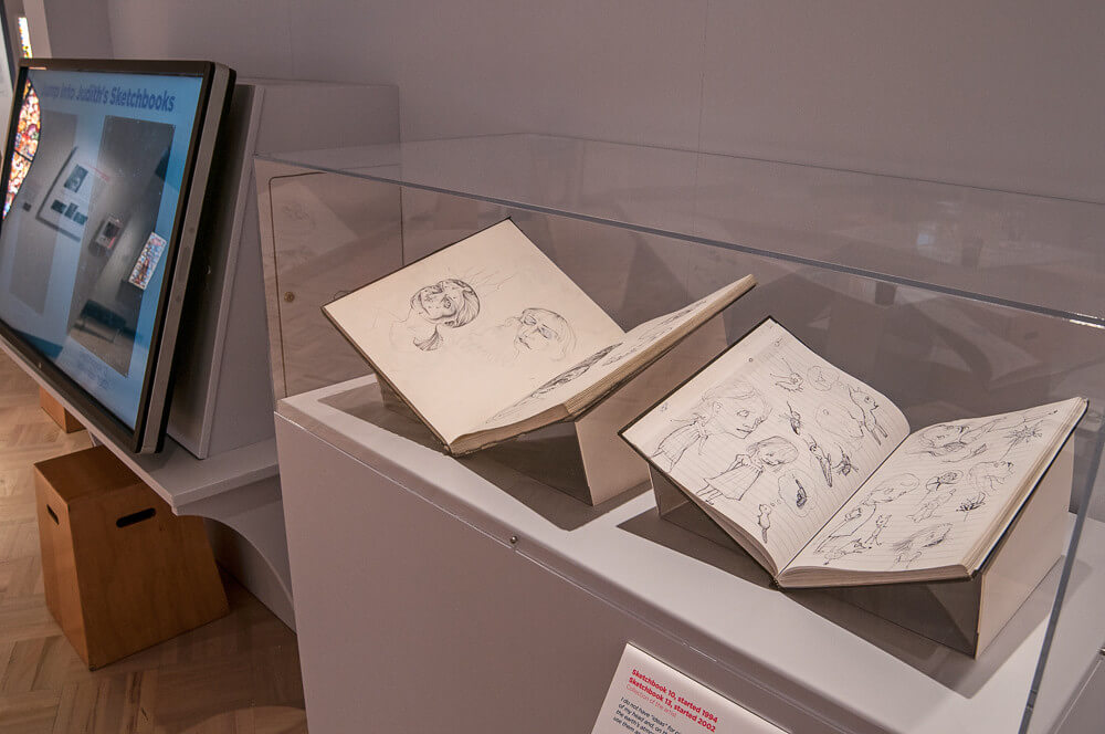 Sketchbooks on view in the "Path to Paradise" exhibition.