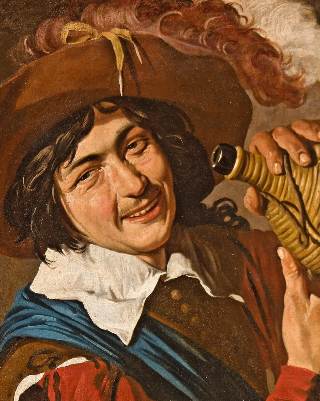 Oil painting of a man in 17th-century clothing grinning and holding up a wine flask.