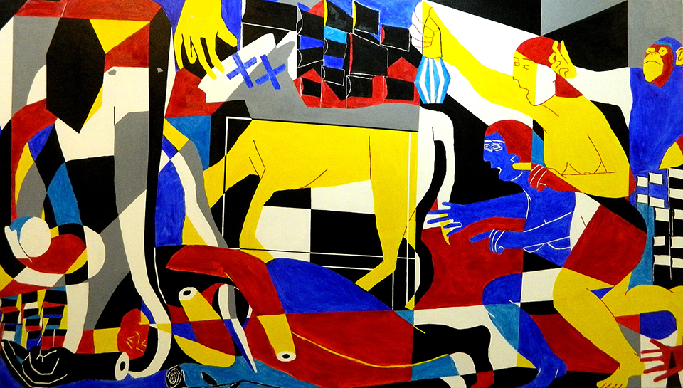 A cubist painting in bright primary colors, black, and white.