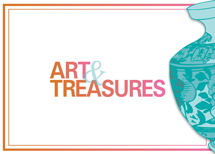The words 'Art & Treasures' next to a teal pot within a pink and orange frame.