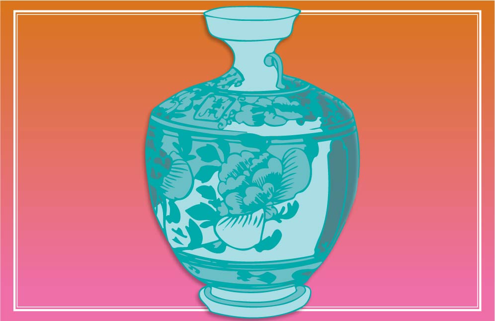 Graphic of a green floral vase against an orange to pink gradient