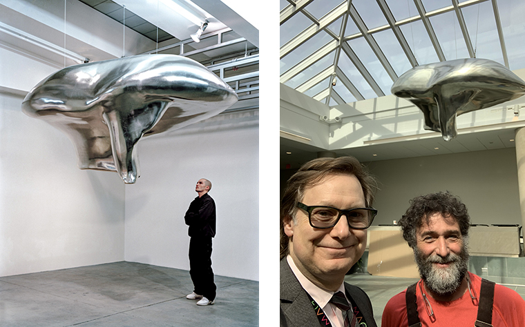 Two photographs. On the left, a man stands next to and under Cloud Prototype No. 2, a shining silver organic sculpture suspended in a white gallery space. On the right is a selfie taken by Jonathan Binstock with harry Gordon in the Vanden Brul Pavilion, with the sculpture suspended in the background.