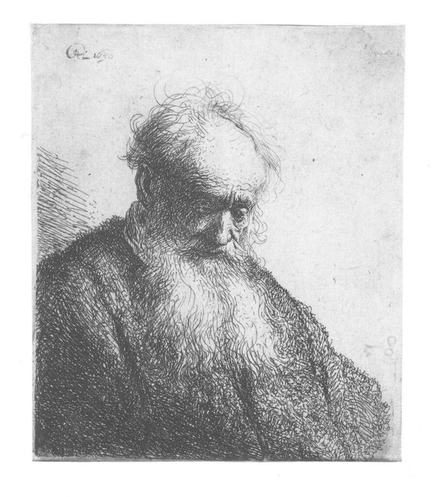 Etching of an old man, sitting and looking down.