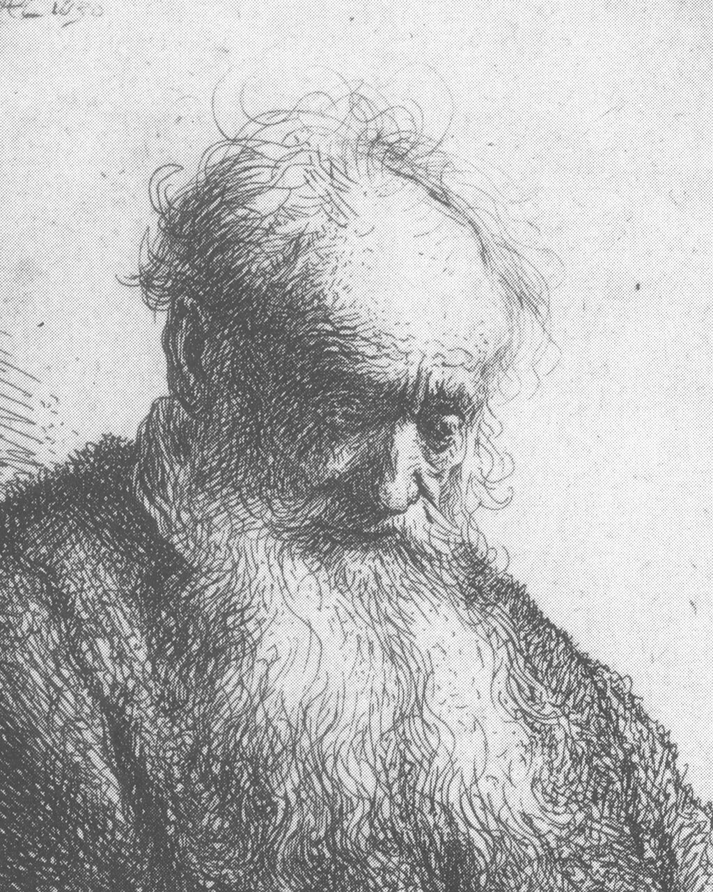 Etching of an old man, sitting and looking down.