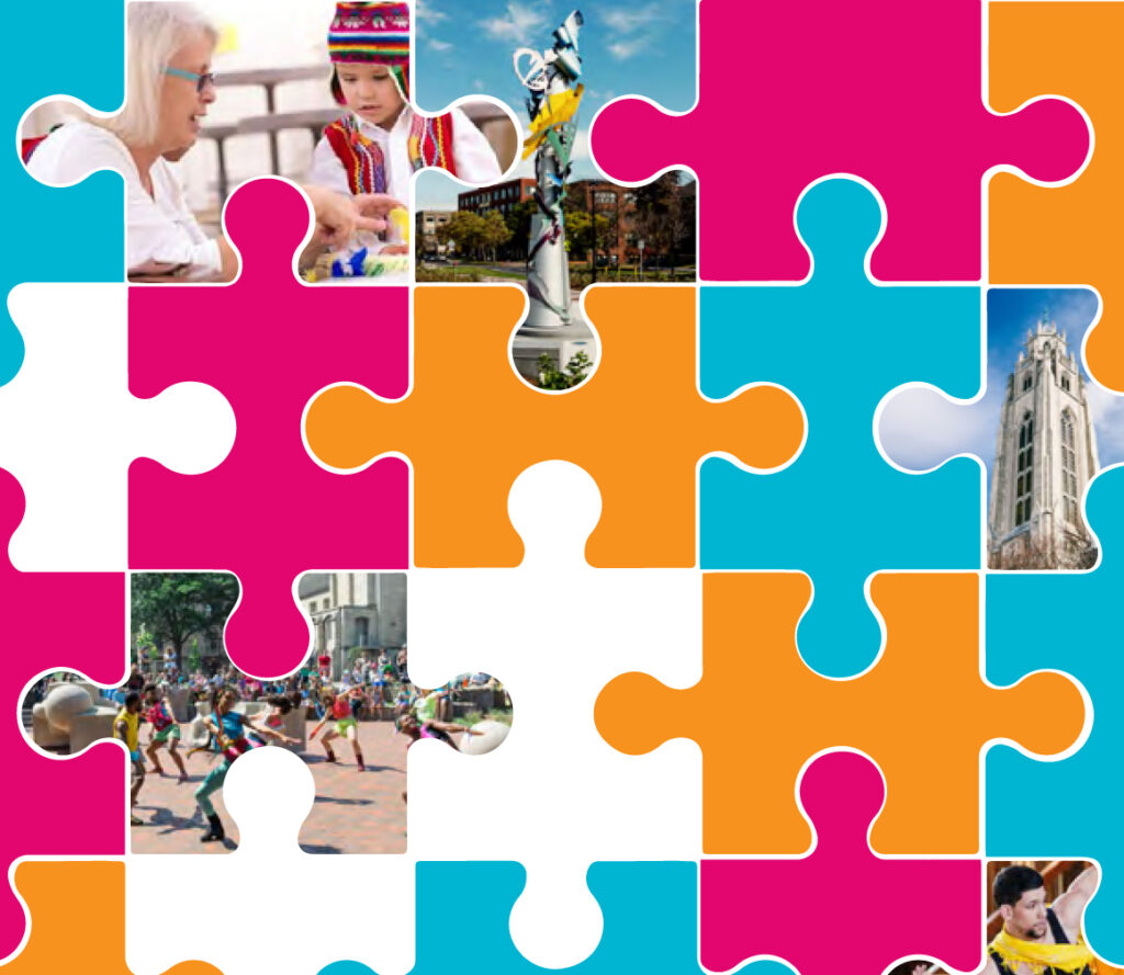 A grid of puzzle pieces fit together, some filled in with MAG's colors and others containing images of people at MAG