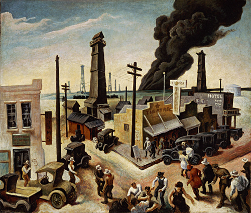 Painting of a city scene with a heavy cloud of soot rising from the horizon