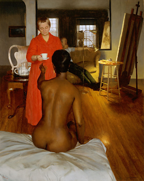 Painting of a white woman giving tea to a black artist's model in a painter's studio