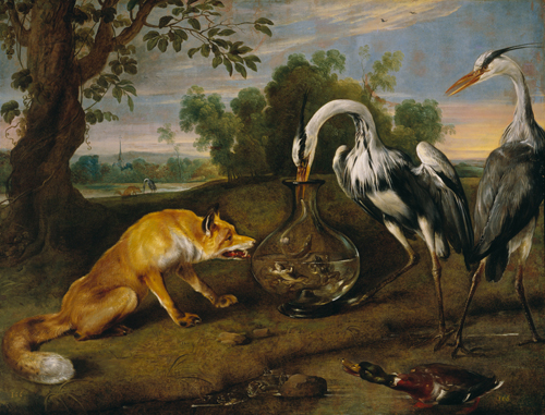 Painting of a fox and a pair of herons