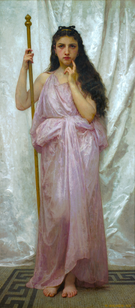 Painting of a priestess in draping pink fabric against a white backdrop