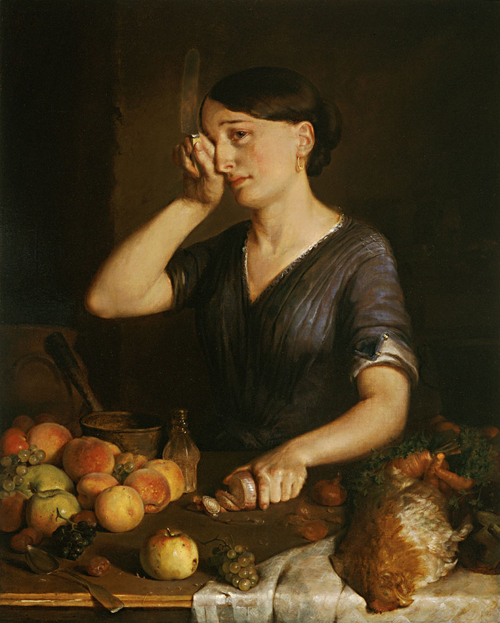 A painting of a crying woman chopping onions