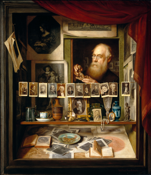 painting of a white man hanging up prints in a shop window