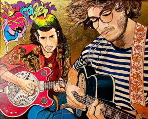 Painting of two young men playing guitars