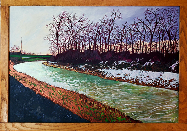 Painting of a canal with snow along the banks
