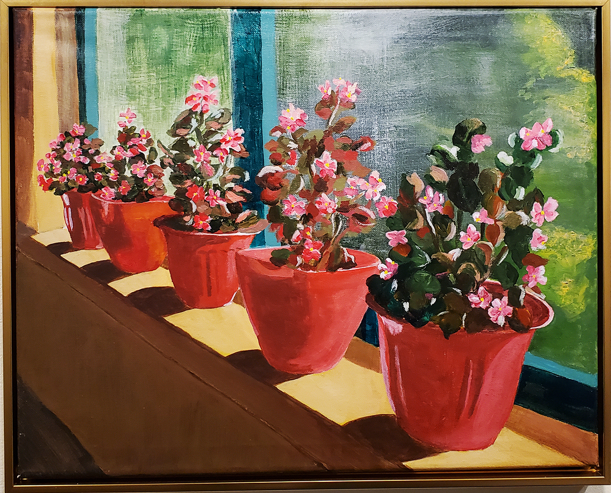 Acrylic painting of pots of pink begonias in a line on a sunny porch