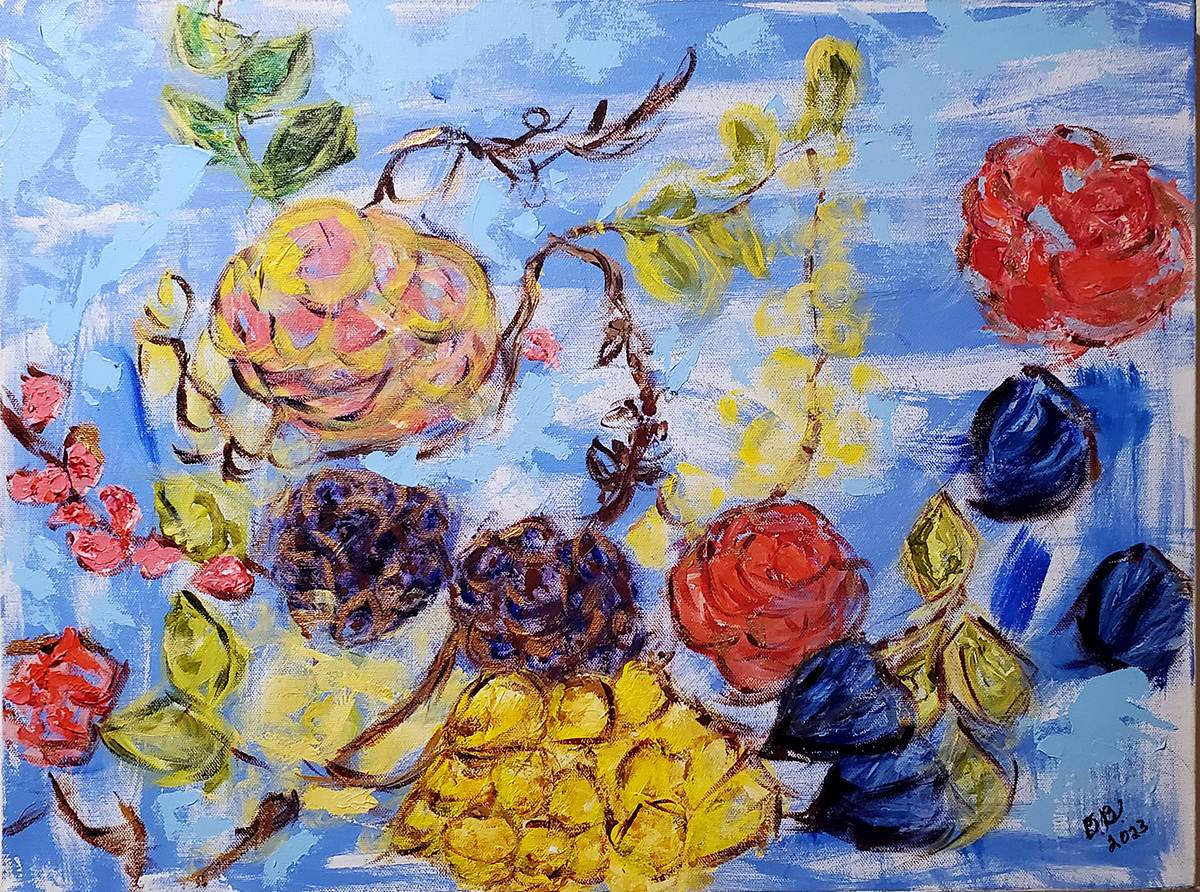 Acrylic painting of brightly colored flowers against a blue background
