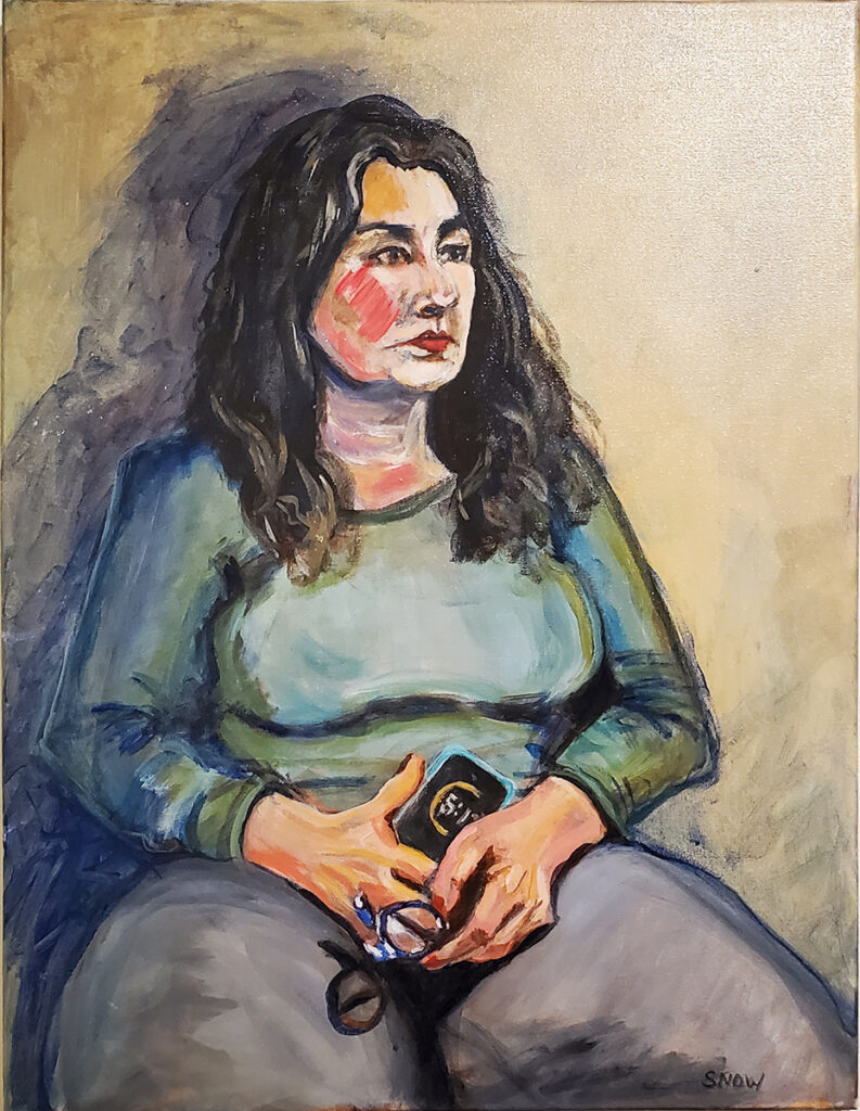 Acrylic painting of a woman sitting against a wall, staring off into space and holding a phone
