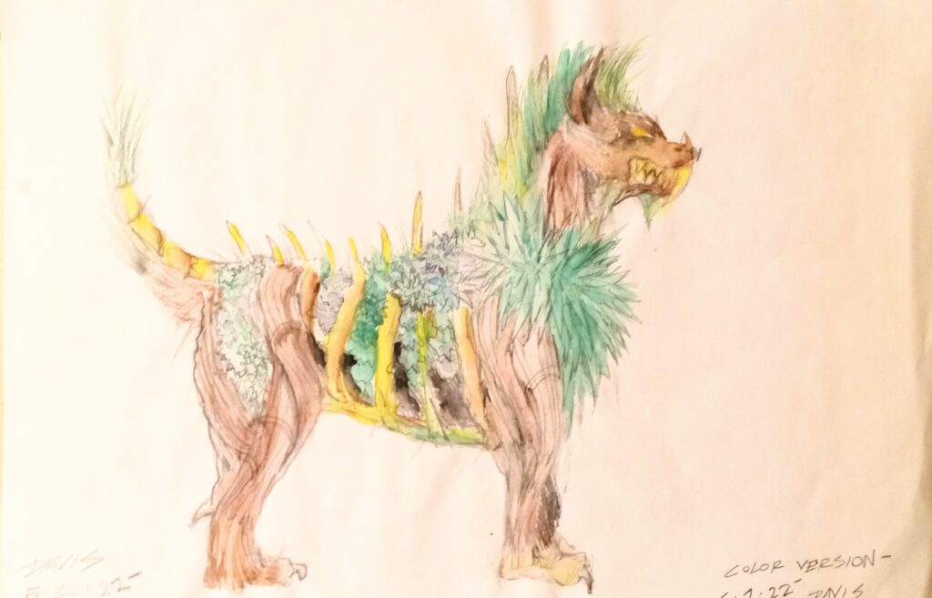 A sketch of a canine-like sculpture with grass for the fur