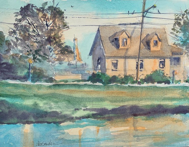 Watercolor painting of a house with a stream in the foreground
