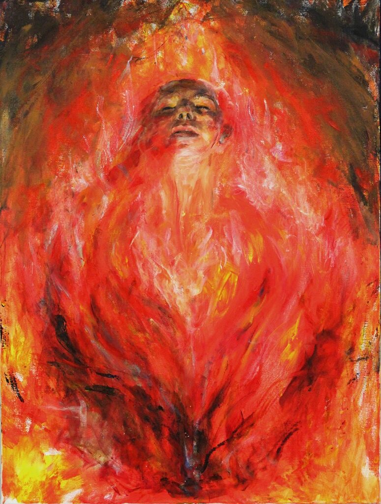 Painting of a person consumed in flames but with a peaceful expression on their face