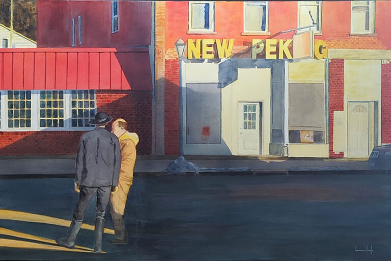 Painting of two men in a city street early in the morning