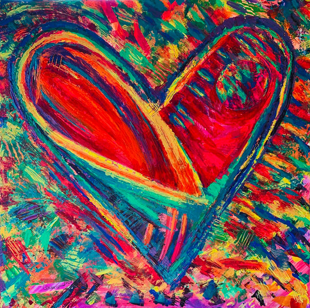 Abstract painting of a heart in vibrant color