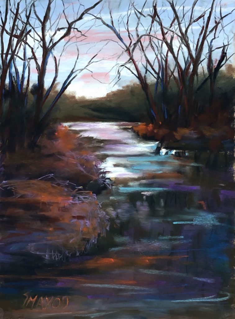 Oil painting of a creek at dawn in cool colors