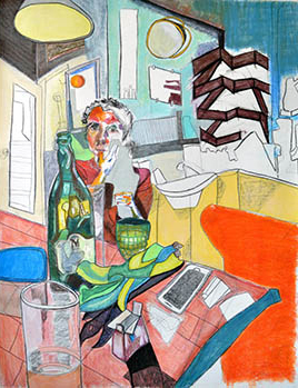 An abstract drawing of a cluttered and busy room in bright colors