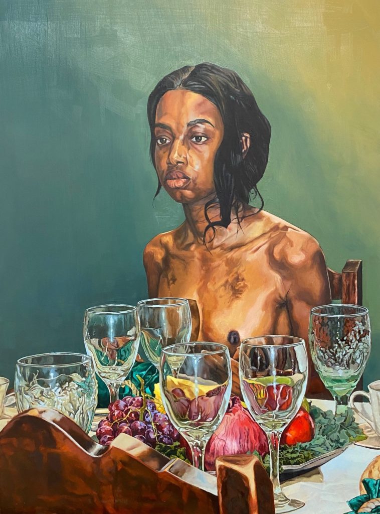 Oil painting of a young person sitting at a table with wine glasses and fruit on it