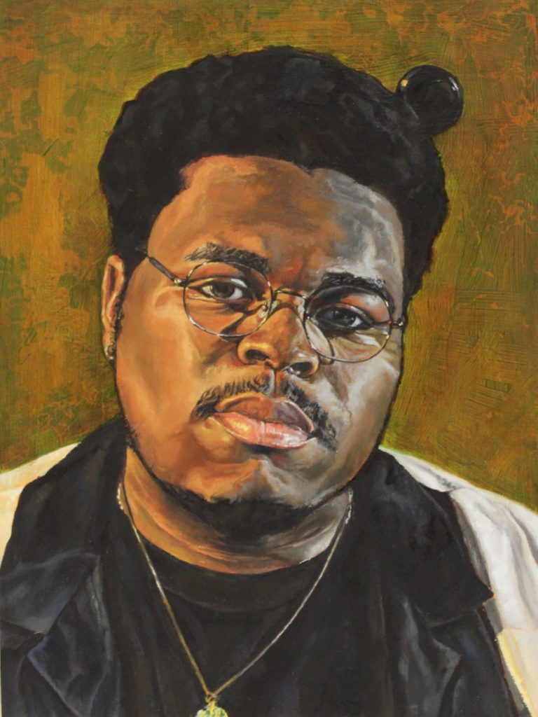 Oil painting of Unique Fair-Smith, a young man with an afro and medium-dark skin